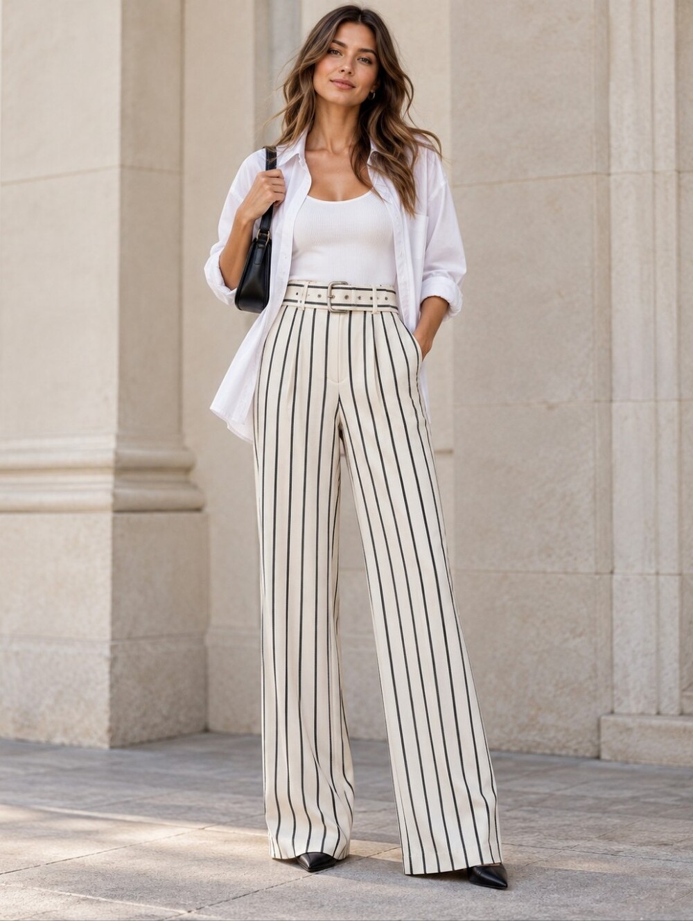 Marciano Wixon Pant High Rise Vertical Stripe Flare With Belt 10 NWT